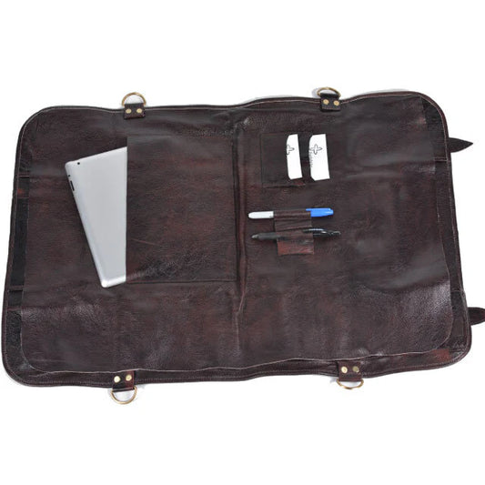 17 Pocket Leather Knife Roll Brown